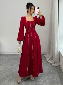 Modelyn 女士优雅珍珠缀饰方领纹理编织连衣裙，春夏