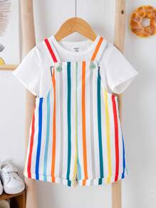 Baby Boy Casual Sports Cute Funny Colorful Romper With Suspender Shorts, Suitable For Spring & Summer, Wear At Home Or Go Out
