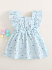 SHEIN 1 件装男婴盖袖方领碎花荷叶边裙，度假和日常穿着甜美公主风格高腰休闲连衣裙搭配凉鞋，夏季新品 - 藍色 - 查看 2