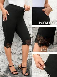 SHEIN Clasi Women Plus Size Spring Black Elastic Knit Pants With Pocket And Lace Hem Trims - Black - View 1
