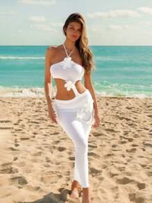 SHEIN Swim Traje de playa de verano con tiras de encaje de malla sólida y diseño floral 3D