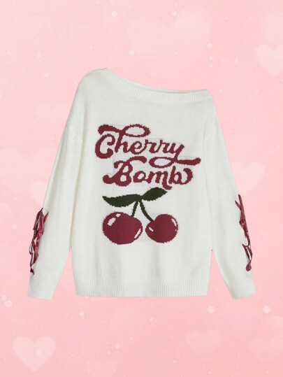 Kawaii Cute Girl's Cherry Slogan Intarsia Sleeve With Bowknot Accent Asymmetric Neck Plus Size Knit Pullover Sweater