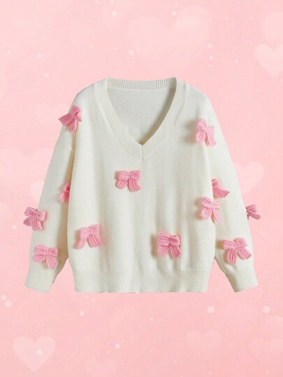Kawaii Plus Size Women Cute Bow Decor Pullover Sweater