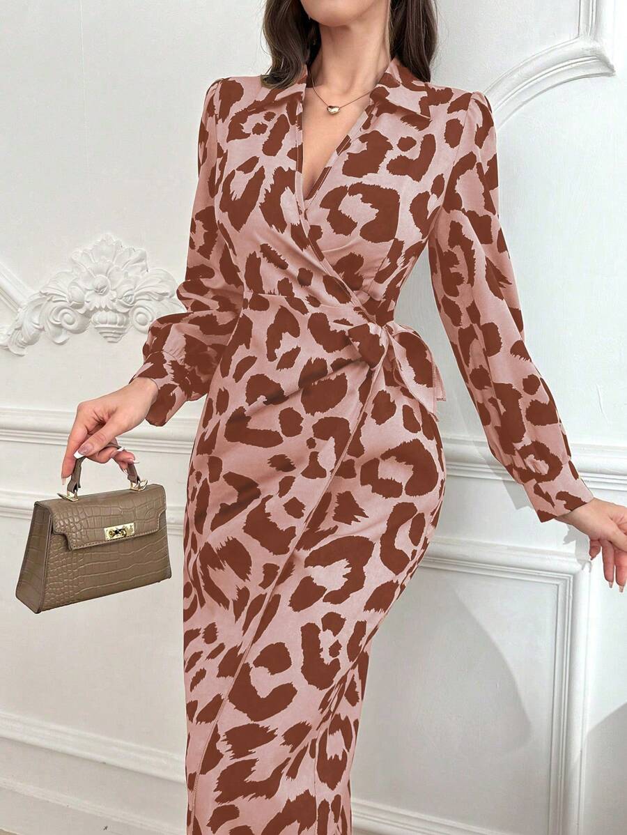 Modelyn Fashionable Leopard Print Wraparound Dress With Tie For Spring And Summer Maxi Women Outfit - Pink - View 1
