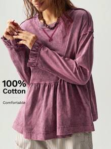 Bohemela 休闲纯色针织圆领落肩长袖宽松腰部褶皱设计女士运动衫 - 紅色 - 查看 1