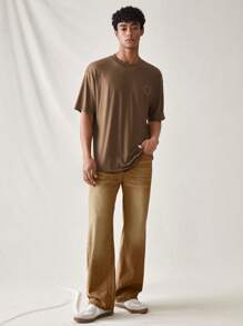 Chillumni Jeans casuales de ajuste holgado y oversize con bloqueo de color vintage para hombres - Caqui - Ver 3