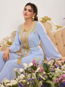 Al Najma Women's Embroidered Top And Pants Arabic Style Outfit,Modest