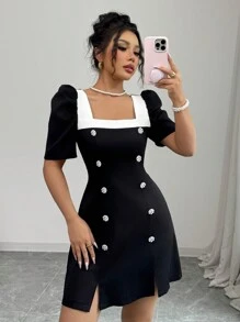 Elenzga 女士优雅撞色方领短袖连衣裙