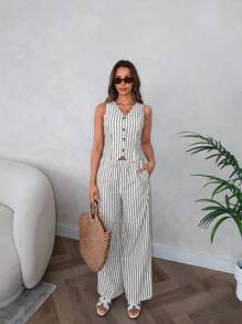 SHEIN LUNE Conjunto de 2 piezas para mujer: Chaleco a rayas azul y blanco y pantalones - Gris - Ver 4