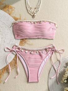 Swim Mod 夏季女士两件套纹理纯色贝壳吊带装饰挂脖系带比基尼套装，手工贝壳数量随机 - 粉色 - 查看 3