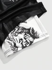 ROMWE MEN Goth Men's Letter & Cross Print Drawstring Waist Casual Sports Shorts - Black and White - View 3
