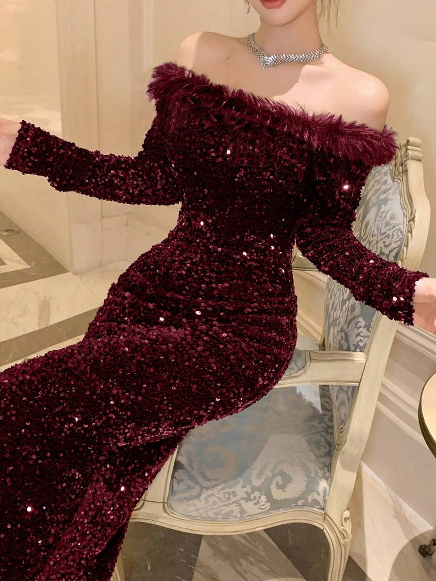 DAZY New Arrival Spring/Summer Off Shoulder Long Dress, Suitable For Date Night Prom Dress Party Women Homecoming Dresses Luxury Red Women Dresses,New Year,Christmas Sequin Elegant Women Dresses Carnival