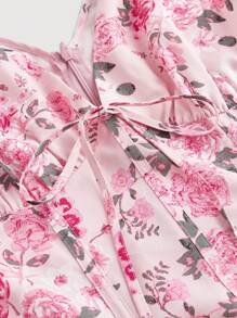 SHEIN MOD Váy hồng in hoa cổ chữ V thắt nơ eo xòe, mùa xuân, lễ hội, đêm hẹn hò, kỳ nghỉ nhiệt đới, thanh lịch, kỳ nghỉ, trang phục hoa cho phụ nữ - Hồng - Xem 3