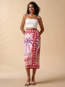 SHEIN TRVLCHIC Váy midi buộc dây phía trước in họa tiết nhiệt đới cho nữ, phong cách đi nghỉ - Hồng - Xem 3