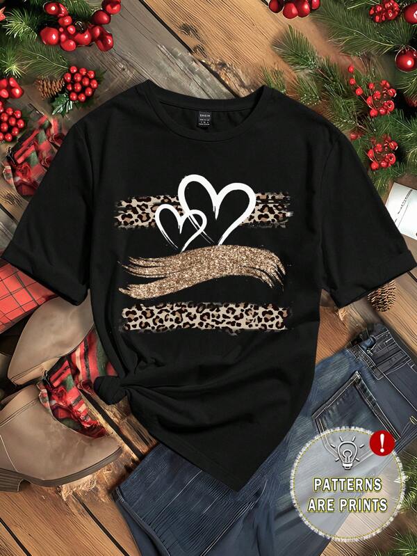 SHEIN LUNE Leopard Print Heart Graphic Round Neck Short Sleeve Fitted Women T-Shirt, Suitable For Summer