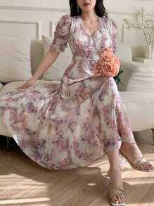 DAZY 女士 V 领短袖花卉印花休闲优雅连衣裙 - 淡紫色 - 查看 6