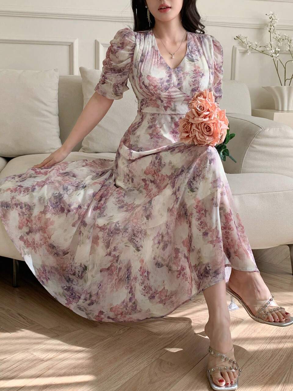 Women V-Neck Short Sleeve Floral Print Casual Elegant Dress