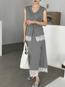 DAZY 女士 V 领蕾丝拼布开衫衬衫和裙子 2 件套 - 灰色 - 查看 2