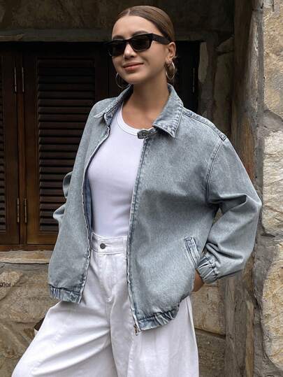 DAZY 女式翻领拉链宽松牛仔夹克，秋装