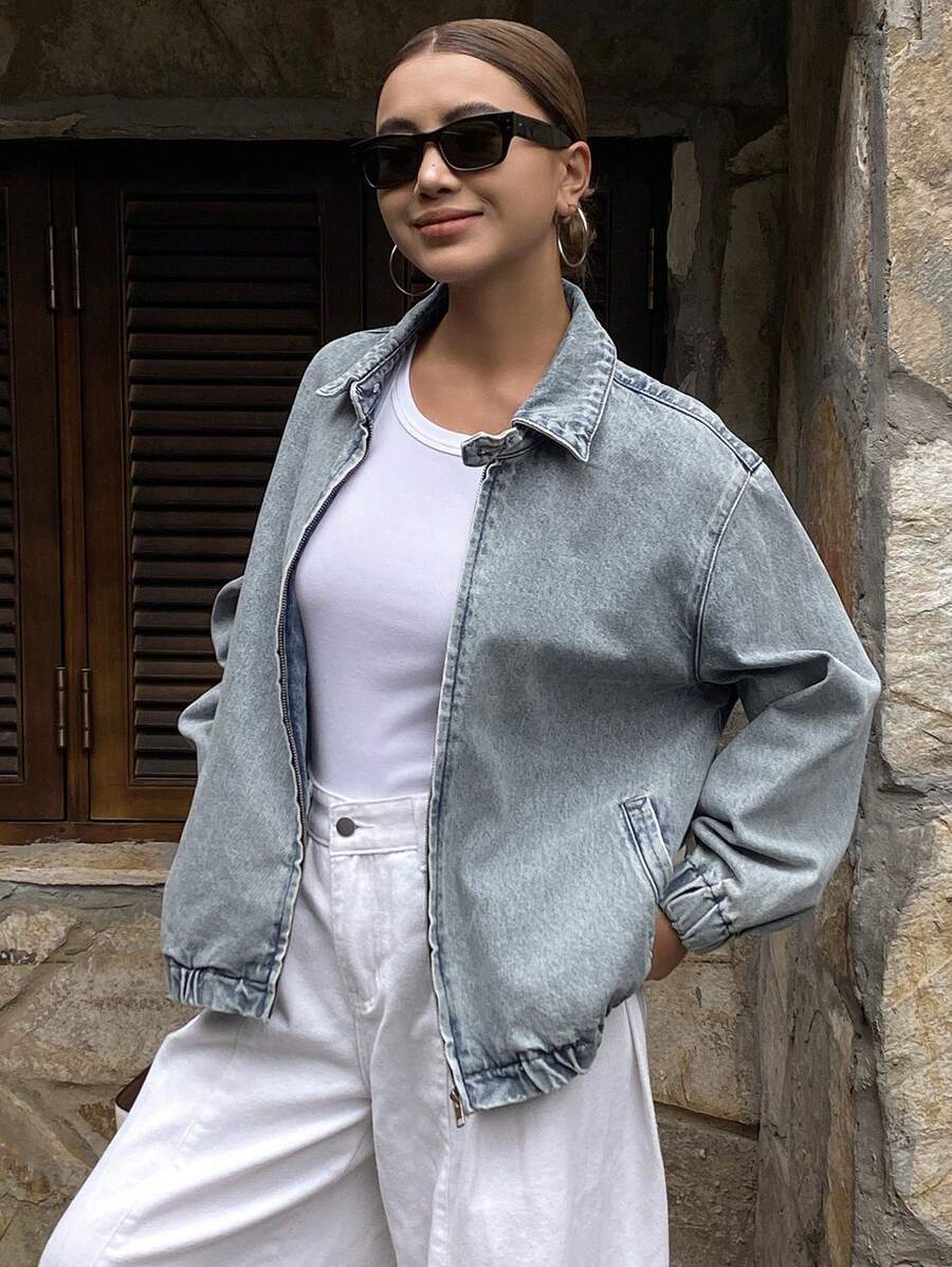 DAZY 女式翻领拉链宽松牛仔夹克，秋装 - 中等水洗藍 - 查看 1
