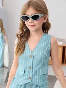 SHEIN Tween Girls' Casual Woven Striped Sleeveless Asymmetrical Hem Tank Top And Relaxed Fit Pencil Pants 2 Pieces Set, Mint Blue, Back To School, French Chic, Fashion Commute