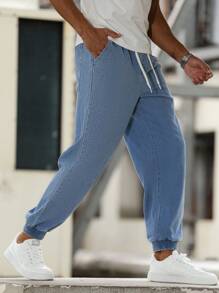 Manfinity Homme Men's Drawstring Waist Pockets Tapered Leg Casual Jeans - Medium Wash - View 1