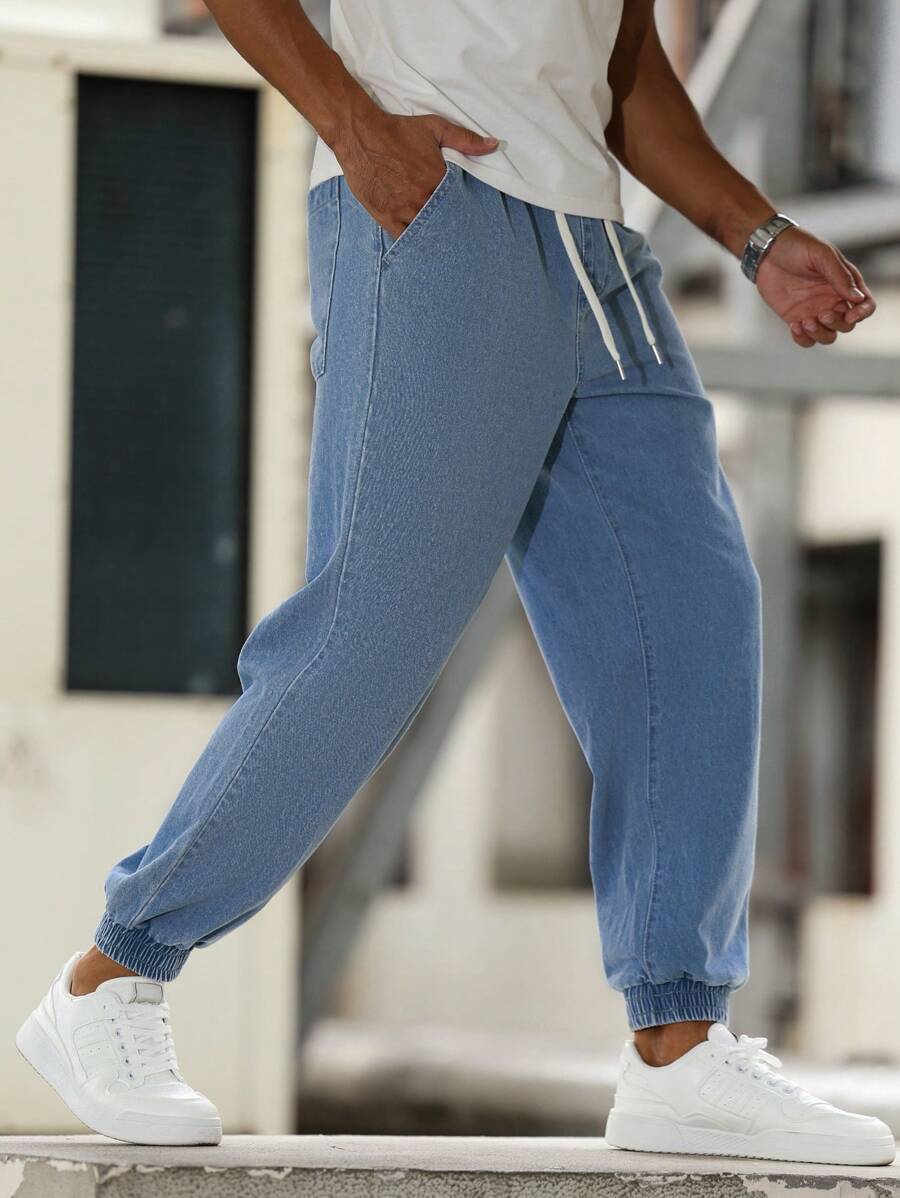 Manfinity Homme Men's Drawstring Waist Pockets Tapered Leg Casual Jeans - Medium Wash - View 1