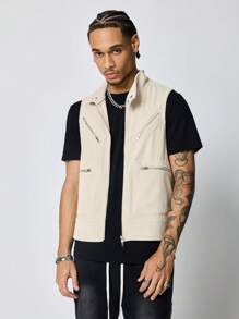 ROMWE MEN Men's Solid Color Zip-Front Casual Vest - White - View 3