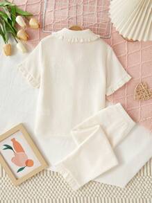 SHEIN Girls Pajamas 2pcs Set - Short Sleeve Top With Ruffle Decor & Long Pants, Minimalist Fashion Style For Young Girl - Apricot - View 2