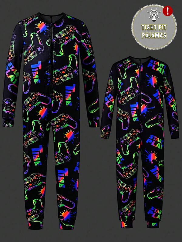 Macacão de manga comprida com zíper frontal e gráfico fluorescente para videogame Tween Boy, ajuste confortável