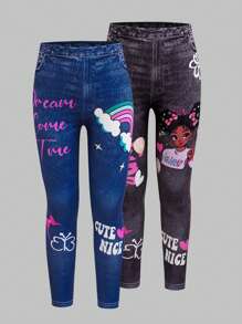 2pcs/Set Young Girl Cute Rainbow Bow Letter Print Knit Jeggings Leggings - Multicolor - View 4