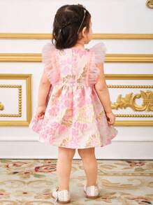 SHEIN Leap Crew Baby Girl Elegant Chiffon Dress With Jacquard Weave, Flutter Sleeves, Bow Decor, Ruched Swing Hem, Formal Dress, Pink - Pink - View 4