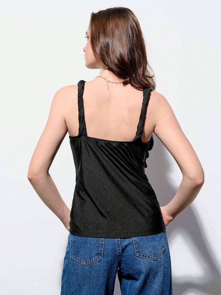 SHEIN Maija Spring And Summer New Style Black Pleated Asymmetric Waist Sexy Women's Tops, Urban Modern And Elegant, Daily Casual Commuting, Suitable For Going Out For Vacations, Festivals, Parties, Weddings And Dates.