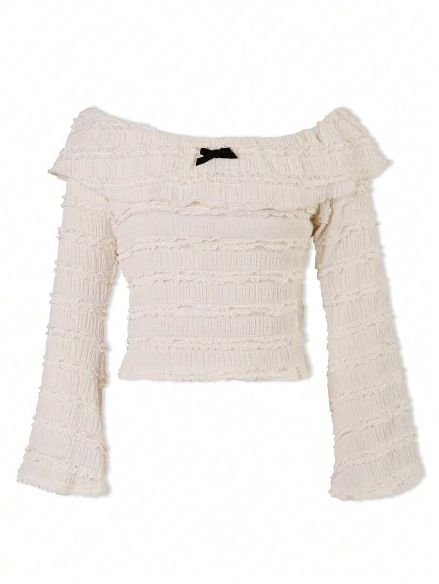 SHEIN Camiseta a juego para mujer e hija, primavera/otoño, diseño de jacquard de pliegue de princesa, unicolor, casual, versátil top con lazo off-shoulder, dulce, estilizador, top corto con mangas con volantes, adecuado para ropa exterior, manga larga, ajustado - Beis - Ver 1