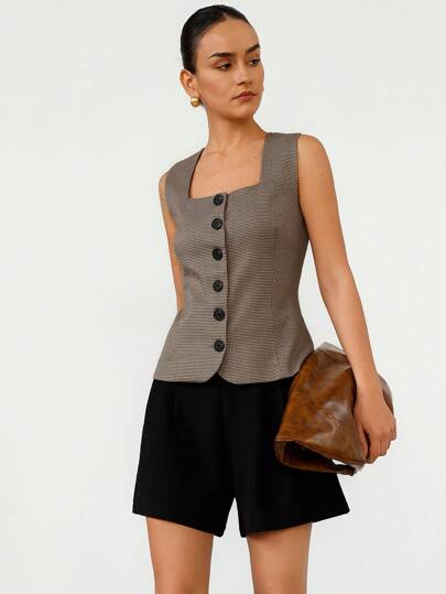 Aveloria Modichic Elegant Commuter Vintage Plaid Square Neck Sleeveless Waist Fitted Shirt For Women