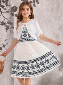 SHEIN Tween-Mädchen 2-teiliges Set mit kurzärmligem Crop-Top Unifarben und ärmellosem Kleid mit geometrischem Print - Weiss - Übersicht 6