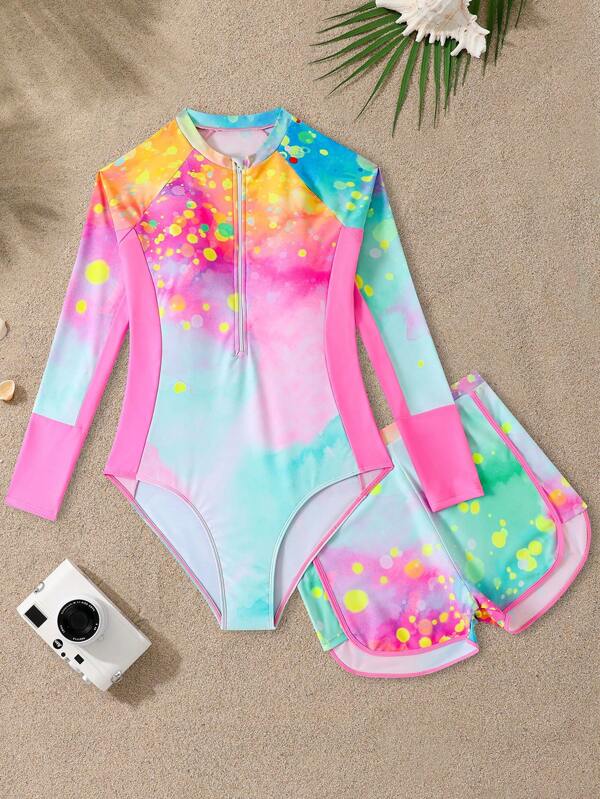 SHEIN Traje de baño de una pieza con mangas largas y short para niñas adolescentes, con estampado de teñido anudado