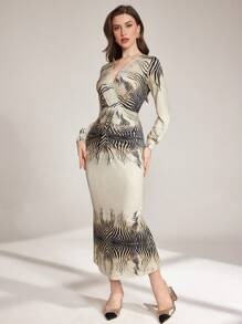 Modelyn Leopard Print Tight Fitted Sexy Long Sleeve Bodycon Dress For Women - Apricot - View 4