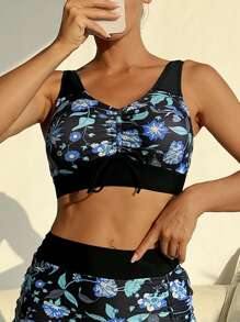 SHEIN Set de 3 atuendos de playa para mujer: Top con cordón estampado con plantas de diseño aleatorio, pantalones negros de corte alto con falda con estampado aleatorio y cordón, elegante conjunto de bikini - Multicolor - Ver 7