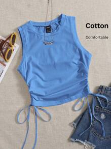 SHEIN EZwear Drawstring Ruched Side Crop Tank Top - Blue - View 6