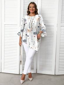 EMERY ROSE Casual Minimalist Ditsy Floral All-Over Print Plus Size Shirt, Spring/Autumn Blouses For Women Elegant Shirts Women Blouses Spring Blouses For Women Autumn And Winter Chic Blouses For Women - Multicolor - View 4