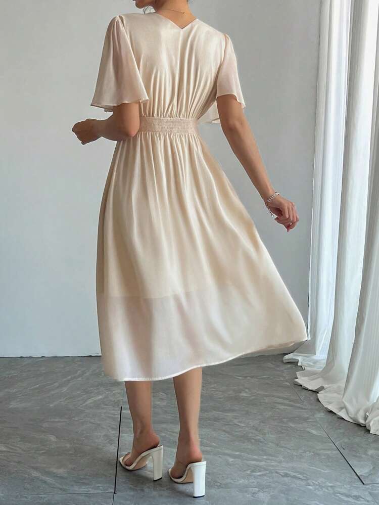 Women Deep V-Neck Patchwork Waist Solid Chiffon Dress, Suitable For Dates & Night Wear Prom Dress Maxi Dress