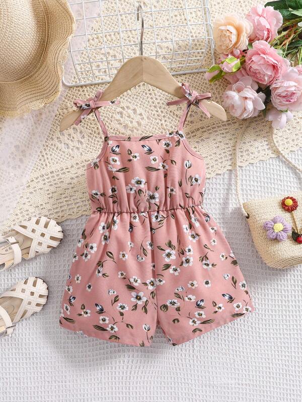 SHEIN Tutina neonata con stampa floreale carina, con bretelle, casual, adatta per vacanze e shopping, primavera/estate