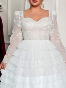 Glamrae 大码优雅白色对比心形领长袖透明刺绣拼布薄纱 A 字型婚纱 - 白色 - 查看 2