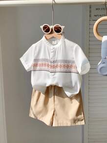 SHEIN Leap Crew 2pcs Toddler Baby Boy/Girl Casual Folk Pattern Print Linen Comfortable Short Sleeve Stand Collar Shirt & Shorts Set Suit For Outing, Holiday, School, Home, Spring/Summer - Khaki - View 4