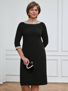 Miaspire Vestido negro de longitud media elegante con decoración de rhinestones, adecuado para trabajo/primavera/verano