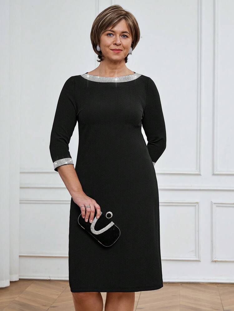 Elegant Mid-Length Black And Silver Dress For Women,Rhinestone Decor Autumn Elegent Party Dress,Suitable For Office Work,Spring & Winter Outfits