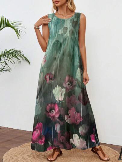 EMERY ROSE Vestido extra largo para mujer, ropa casual de vuelta al colegio, atuendos de maestras para otoño, vestidos con estampado hawaiano para mujer