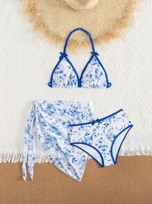 Tween Girls Blue Floral Bow Cute Vacation Bikini Set - Multicolor - View 5