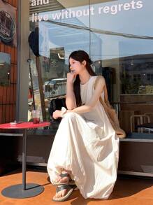 DAZY Women's Round Neck Casual Solid Color Sleeveless Puff Floral Tie Waist Loose Fitting Long Dress Sundress